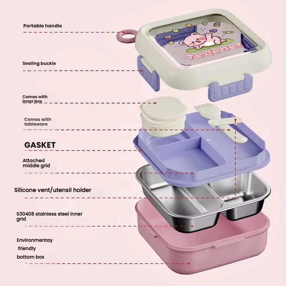 Cute Teddy Bear Leak-Proof Lunch Box with Stainless Steel Interior| Cute Desing | Multi-Tier Bento Box, Food Storage Container with Secure Lock (Pink)