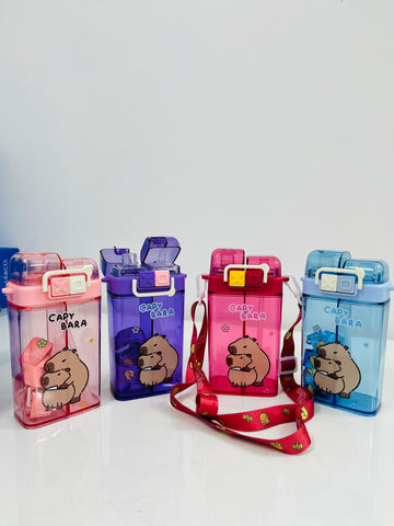 Vibrant Water Bottle with Dual Cap and with Cartoon Characters | Double Drinking Straw Cup | Strap Handle | Portable Handheld Tumbler Perfect for Travel Picnic Sport School (Blue)