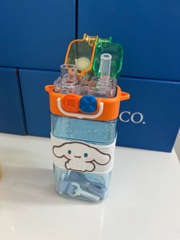 Water Bottle with Dual Cap and with Cartoon Characters | Double Drinking Straw Cup | Strap Handle | Portable Handheld Tumbler,Perfect for Travel Picnic Sport School