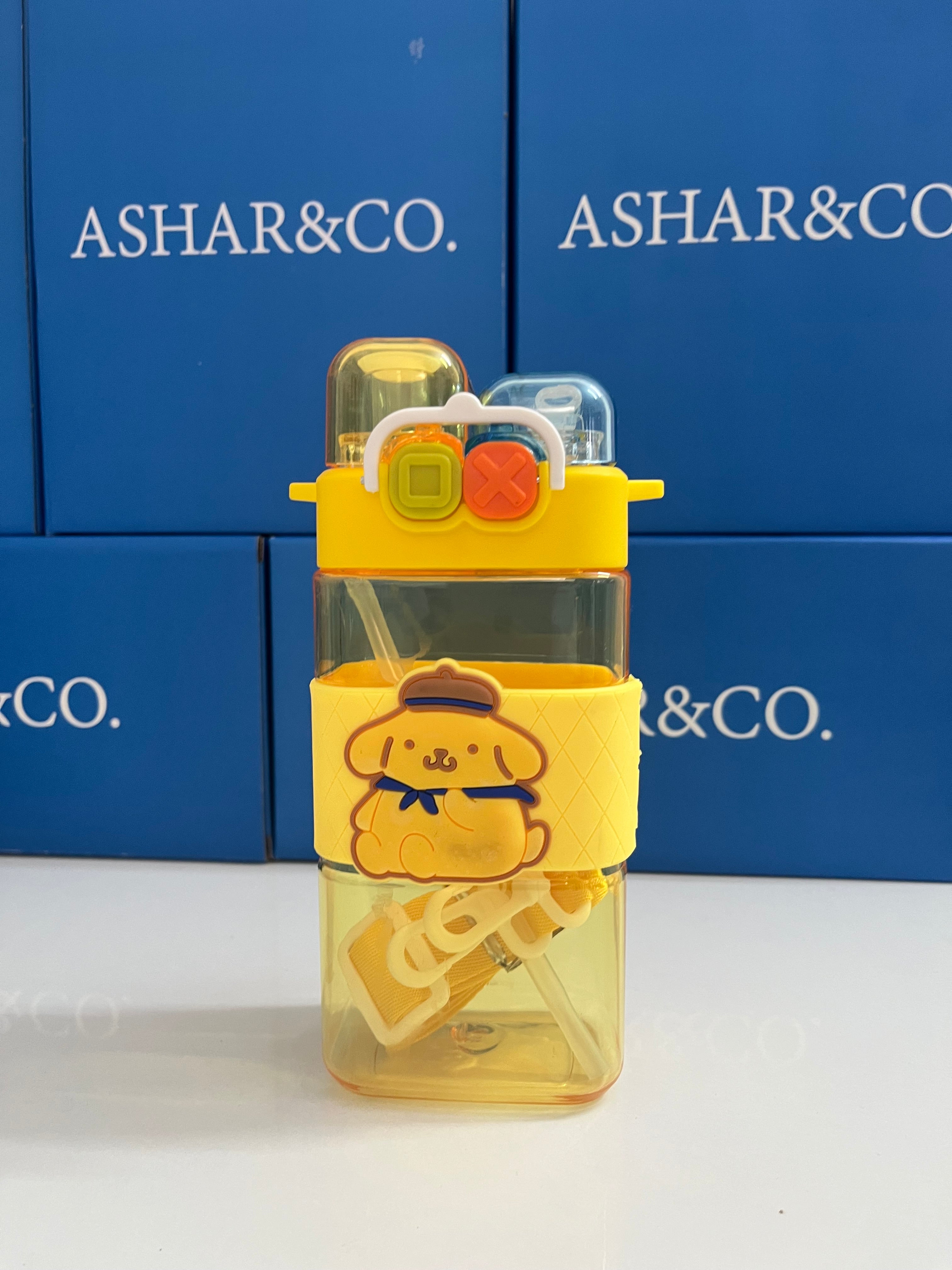 Water Bottle with Dual Cap and with Cartoon Characters | Double Drinking Straw Cup | Strap Handle | Portable Handheld Tumbler,Perfect for Travel Picnic Sport School