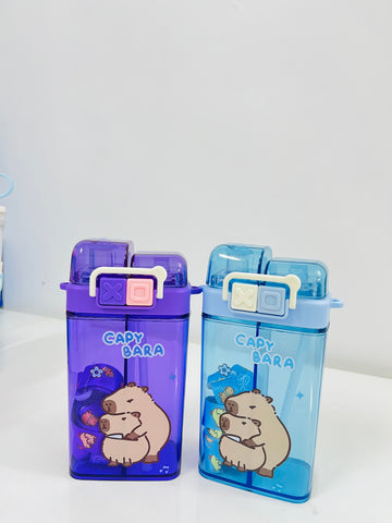 Vibrant Water Bottle with Dual Cap and with Cartoon Characters | Double Drinking Straw Cup | Strap Handle | Portable Handheld Tumbler Perfect for Travel Picnic Sport School (Blue)