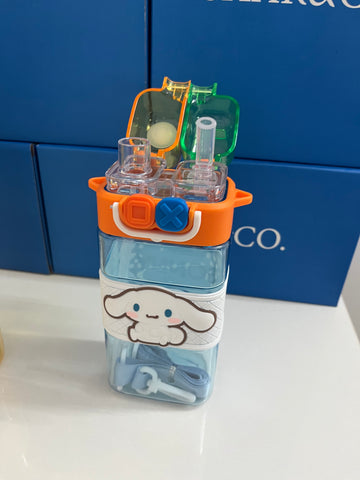 Water Bottle with Dual Cap and with Cartoon Characters | Double Drinking Straw Cup | Strap Handle | Portable Handheld Tumbler,Perfect for Travel Picnic Sport School