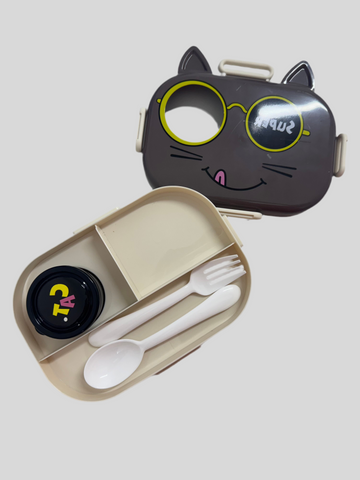 Super Cat Cute Kids Lunch Box with Cat Design and Dual Compartments with Spoon and Fork Set – Perfect for School, Travel, Picnics, Snacks and Meals