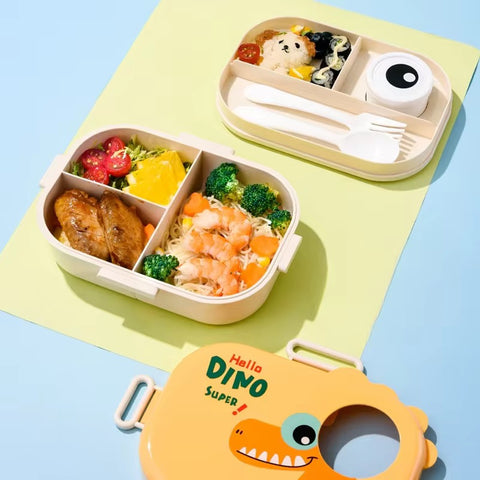 Dino Buddy Colourful Leakproof Kids Lunch Box with Cartoon Design and Cutlery Set – Fun, Durable, BPA-Free, Easy Open Clips – Ideal for School, Daycare, Picnics, Travel