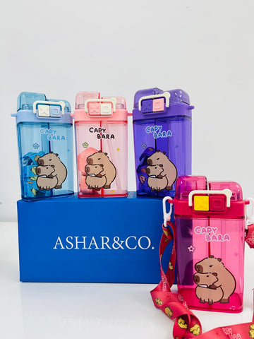 Vibrant Water Bottle with Dual Cap and with Cartoon Characters | Double Drinking Straw Cup | Strap Handle | Portable Handheld Tumbler Perfect for Travel Picnic Sport School (Blue)