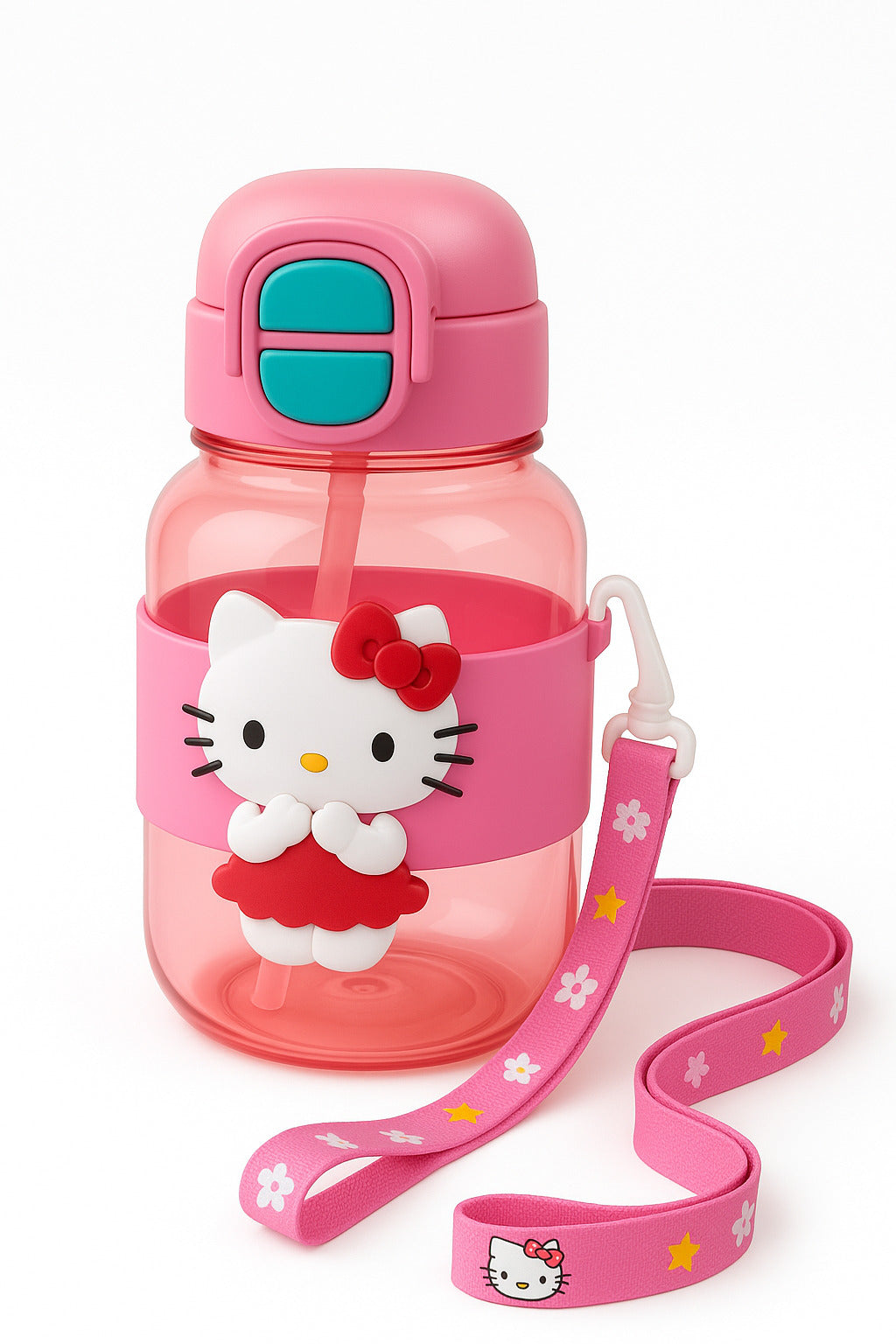 Cute Sipper Water Bottles with Cartoon Sticker – BPA-Free Bottle with Soft Silicone Straw, Adjustable Strap and Secure Lock – Leakproof Bottle for School,Travel & Picnic