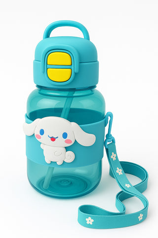Cute Sipper Water Bottles with Cartoon Sticker – BPA-Free Bottle with Soft Silicone Straw, Adjustable Strap and Secure Lock – Leakproof Bottle for School,Travel & Picnic