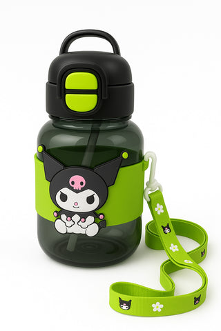 Cute Sipper Water Bottles with Cartoon Sticker – BPA-Free Bottle with Soft Silicone Straw, Adjustable Strap and Secure Lock – Leakproof Bottle for School,Travel & Picnic