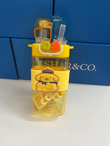 Water Bottle with Dual Cap and with Cartoon Characters | Double Drinking Straw Cup | Strap Handle | Portable Handheld Tumbler,Perfect for Travel Picnic Sport School