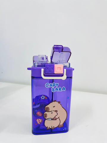 Vibrant Water Bottle with Dual Cap and with Cartoon Characters | Double Drinking Straw Cup | Strap Handle | Portable Handheld Tumbler Perfect for Travel Picnic Sport School (Blue)