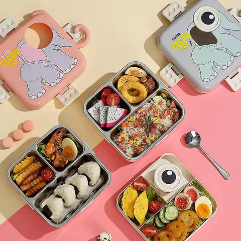 Elephant School Children Bento Lunch Box Cute Cartoon Printing| Super Elephant Lunch Box 2 Layer Stainless Steel Lunch Box|BPA Free Ideal for Kids