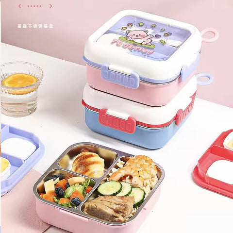 Stackable lunch boxes with food compartments on a pink surface