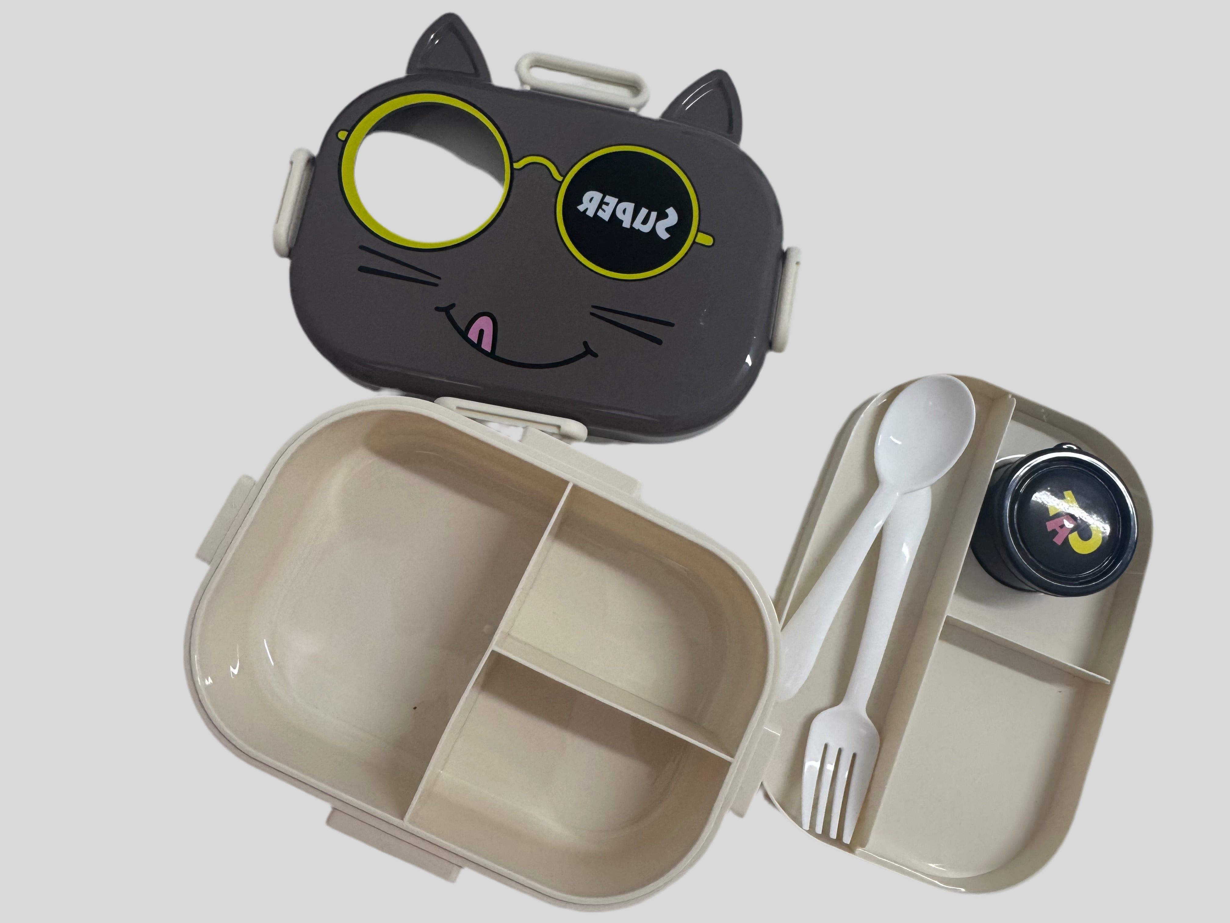 Super Cat Cute Kids Lunch Box with Cat Design and Dual Compartments with Spoon and Fork Set – Perfect for School, Travel, Picnics, Snacks and Meals