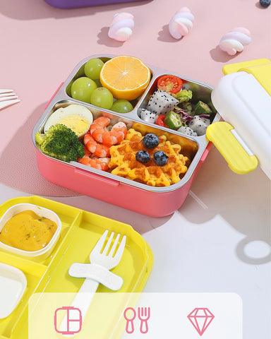 Stainless Steel Lunch Box with 3 Compartment Inner Steel, 1 Small Container,1 Spoon/Fork- Leakproof BPA Free Heating & Water Insulation Design
