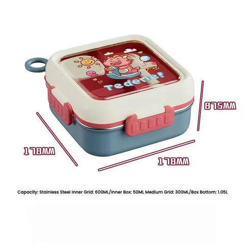 Cute Teddy Bear Leak-Proof Lunch Box with Stainless Steel Interior| Cute Desing | Multi-Tier Bento Box, Food Storage Container with Secure Lock (Pink)