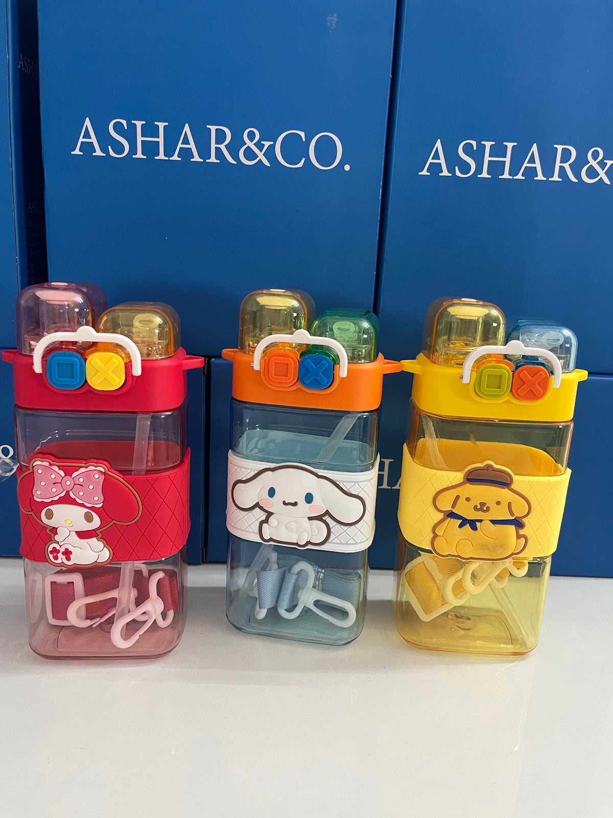 Water Bottle with Dual Cap and with Cartoon Characters | Double Drinking Straw Cup | Strap Handle | Portable Handheld Tumbler,Perfect for Travel Picnic Sport School