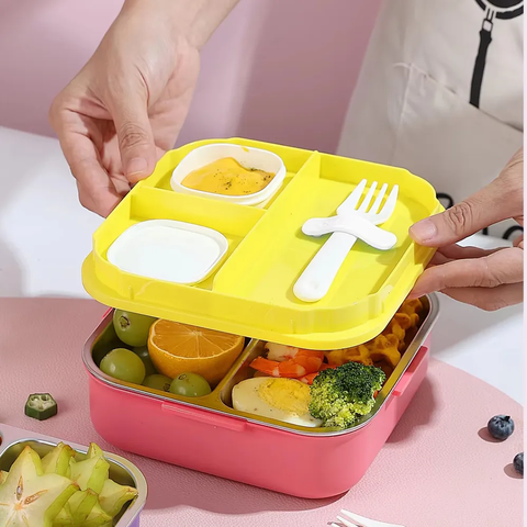 Stainless Steel Lunch Box with 3 Compartment Inner Steel, 1 Small Container,1 Spoon/Fork- Leakproof BPA Free Heating & Water Insulation Design