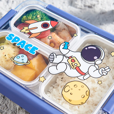 Fun Themed Stainless Steel 3-Compartment Lunch Box -Leakproof with Transparent Lid – Airtight Bento Tiffin for Office, School, Travel