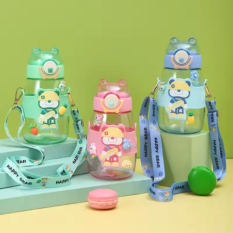 Elegant Water Bottle with Cartoon Characters – Safe Plastic, Sipper Cap and Handle (Blue)