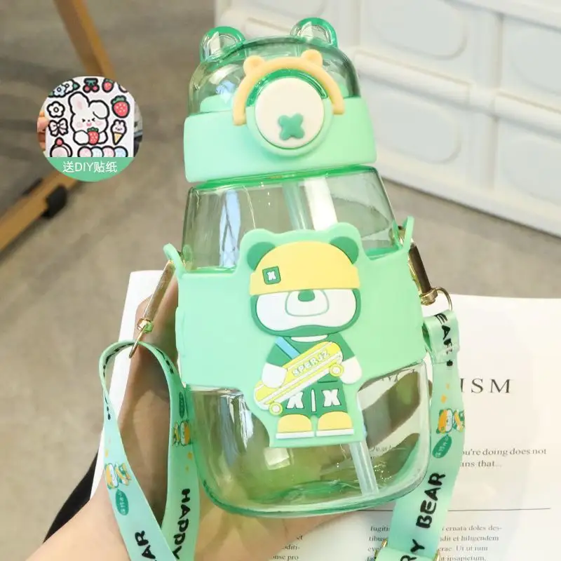 Elegant Water Bottle with Cartoon Characters – Safe Plastic, Sipper Cap and Handle (Blue)