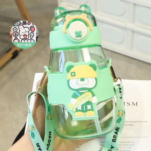 Elegant Water Bottle with Cartoon Characters – Safe Plastic, Sipper Cap and Handle (Blue)
