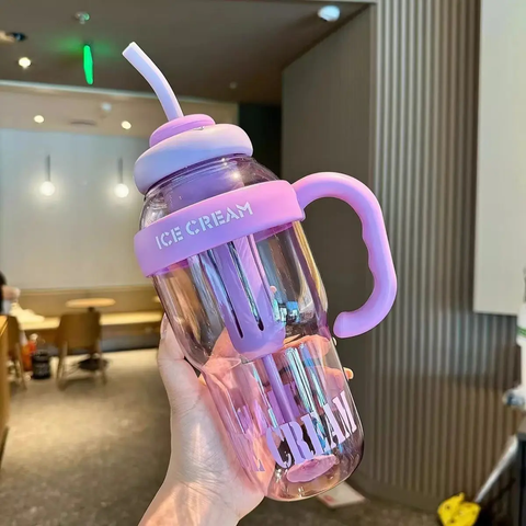 Designer Colourful Sipper Bottle – Transparent Bottle with Straw and Handle – Cute Leakproof Design for School,Travel Office,Daily Hydration Needs (Purple)