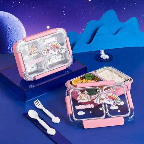 Fun Themed Stainless Steel 3-Compartment Lunch Box -Leakproof with Transparent Lid – Airtight Bento Tiffin for Office, School, Travel
