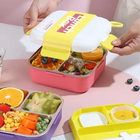 Stainless Steel Lunch Box with 3 Compartment Inner Steel, 1 Small Container,1 Spoon/Fork- Leakproof BPA Free Heating & Water Insulation Design