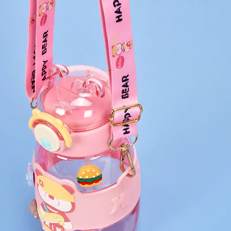 Elegant Water Bottle with Cartoon Characters – Safe Plastic, Sipper Cap and Handle (Blue)