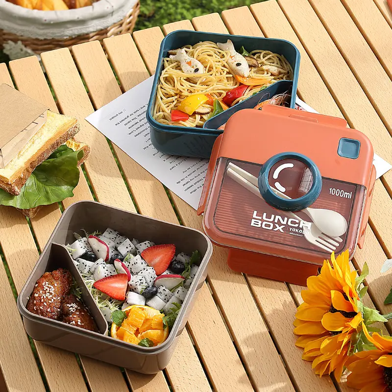 Camera Style Bento Lunch Box with Dual Compartments for Office School Travel with Spoon Fork Set – Trendy Compact Design for Adults, Kids