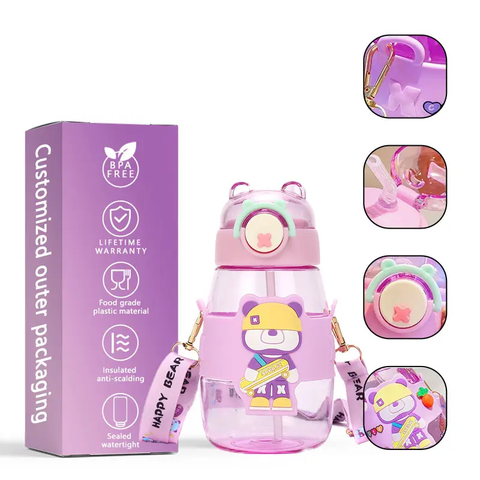 Elegant Water Bottle with Cartoon Characters – Safe Plastic, Sipper Cap and Handle (Blue)