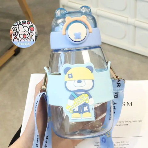 Elegant Water Bottle with Cartoon Characters – Safe Plastic, Sipper Cap and Handle (Blue)