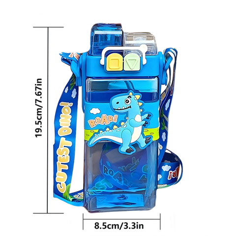 Cartoon Water Bottle with Adjustable Strap – Cute Double Drinking Straw Cup | Leak-Proof, Portable Tumbler – 520ML –Perfect for School & Outdoor Fun (Purple)