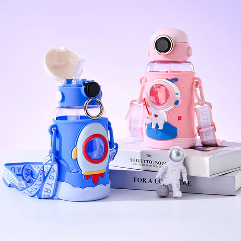 Space Theme Vibrant Kids Bottle - Cute Design with Handle | Stylish & Attractive | Perfect for School and Travel (Pink)