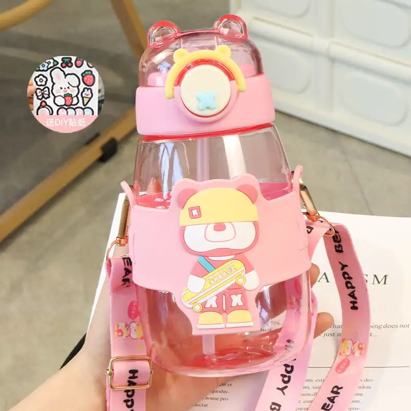 Elegant Water Bottle with Cartoon Characters – Safe Plastic, Sipper Cap and Handle (Blue)