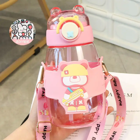 Elegant Water Bottle with Cartoon Characters – Safe Plastic, Sipper Cap and Handle (Blue)