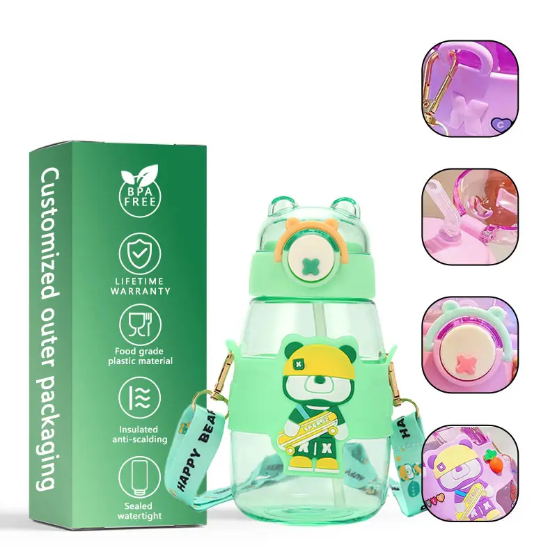 Elegant Water Bottle with Cartoon Characters – Safe Plastic, Sipper Cap and Handle (Blue)
