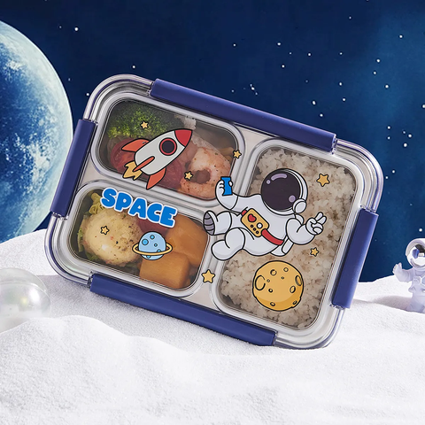 Fun Themed Stainless Steel 3-Compartment Lunch Box -Leakproof with Transparent Lid – Airtight Bento Tiffin for Office, School, Travel