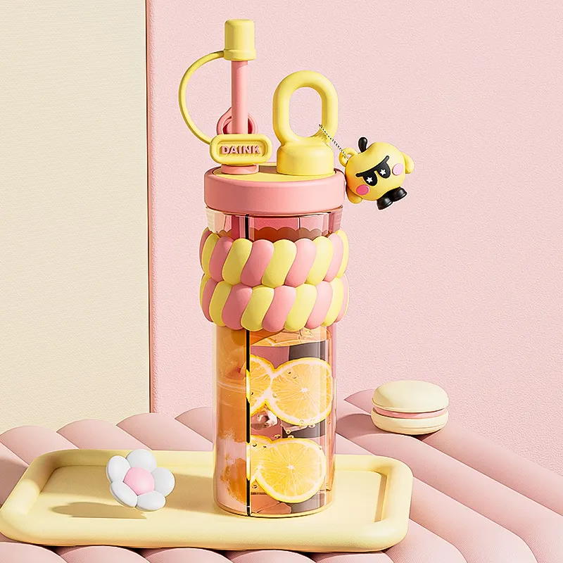 Cute Transparent Sipper Water Bottle – Leakproof,BPA-Free Bottle with Straw and Flip Lid – Bottle for School Office Travel Gym – Stylish Daily Hydration Companion (Yellow)