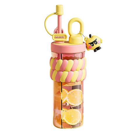 Cute Transparent Sipper Water Bottle – Leakproof,BPA-Free Bottle with Straw and Flip Lid – Bottle for School Office Travel Gym – Stylish Daily Hydration Companion (Yellow)