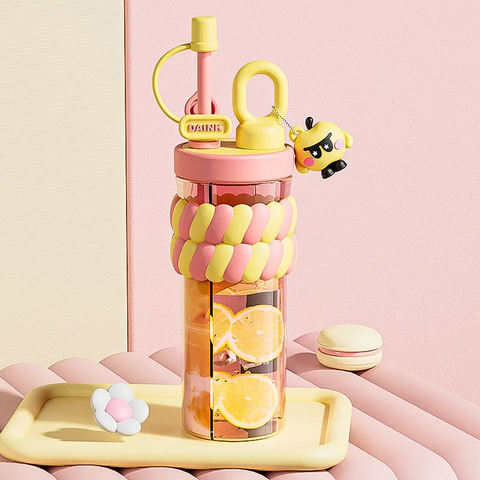 Cute Transparent Sipper Water Bottle – Leakproof,BPA-Free Bottle with Straw and Flip Lid – Bottle for School Office Travel Gym – Stylish Daily Hydration Companion (Yellow)