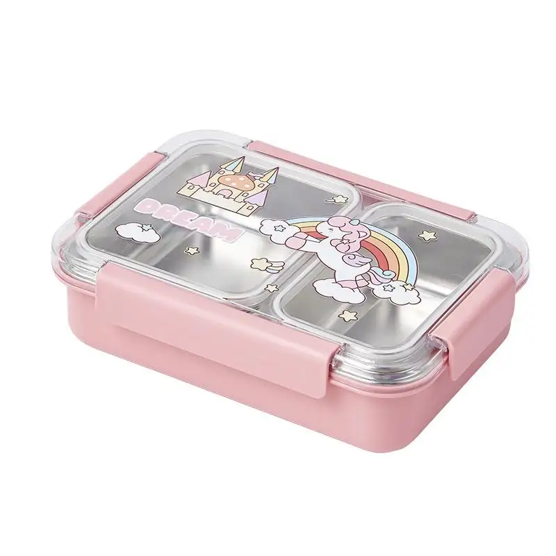 Fun Themed Stainless Steel 3-Compartment Lunch Box -Leakproof with Transparent Lid – Airtight Bento Tiffin for Office, School, Travel
