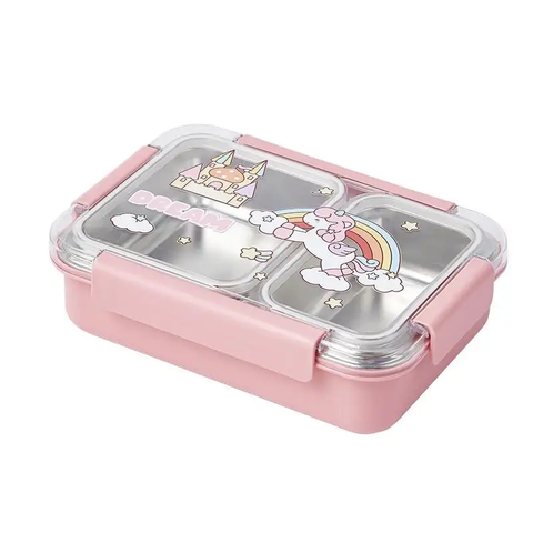 Fun Themed Stainless Steel 3-Compartment Lunch Box -Leakproof with Transparent Lid – Airtight Bento Tiffin for Office, School, Travel