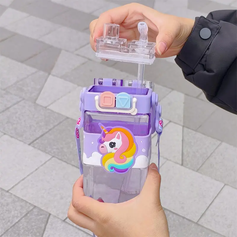 Cartoon Water Bottle with Adjustable Strap – Cute Double Drinking Straw Cup | Leak-Proof, Portable Tumbler – 520ML –Perfect for School & Outdoor Fun (Purple)