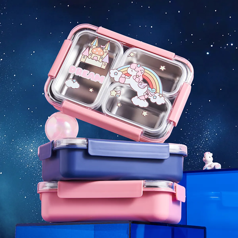 Fun Themed Stainless Steel 3-Compartment Lunch Box -Leakproof with Transparent Lid – Airtight Bento Tiffin for Office, School, Travel