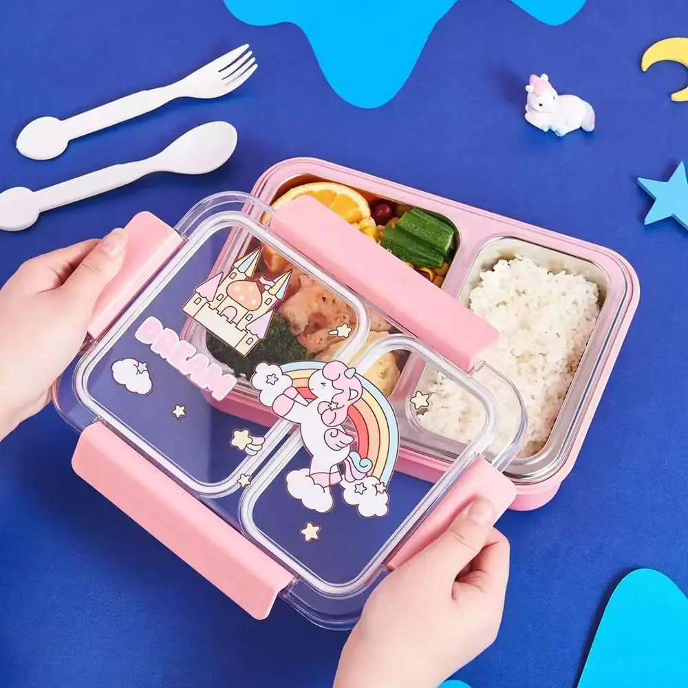 Fun Themed Stainless Steel 3-Compartment Lunch Box -Leakproof with Transparent Lid – Airtight Bento Tiffin for Office, School, Travel
