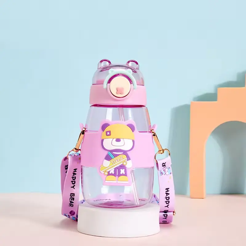 Elegant Water Bottle with Cartoon Characters – Safe Plastic, Sipper Cap and Handle (Blue)
