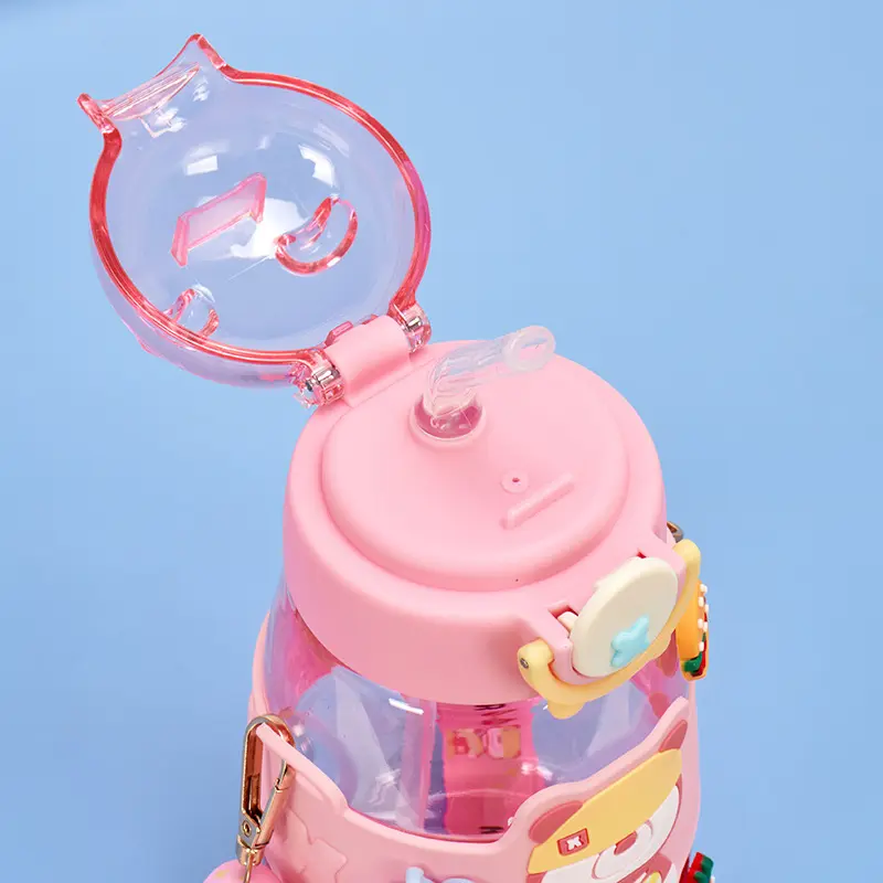 Elegant Water Bottle with Cartoon Characters – Safe Plastic, Sipper Cap and Handle (Blue)