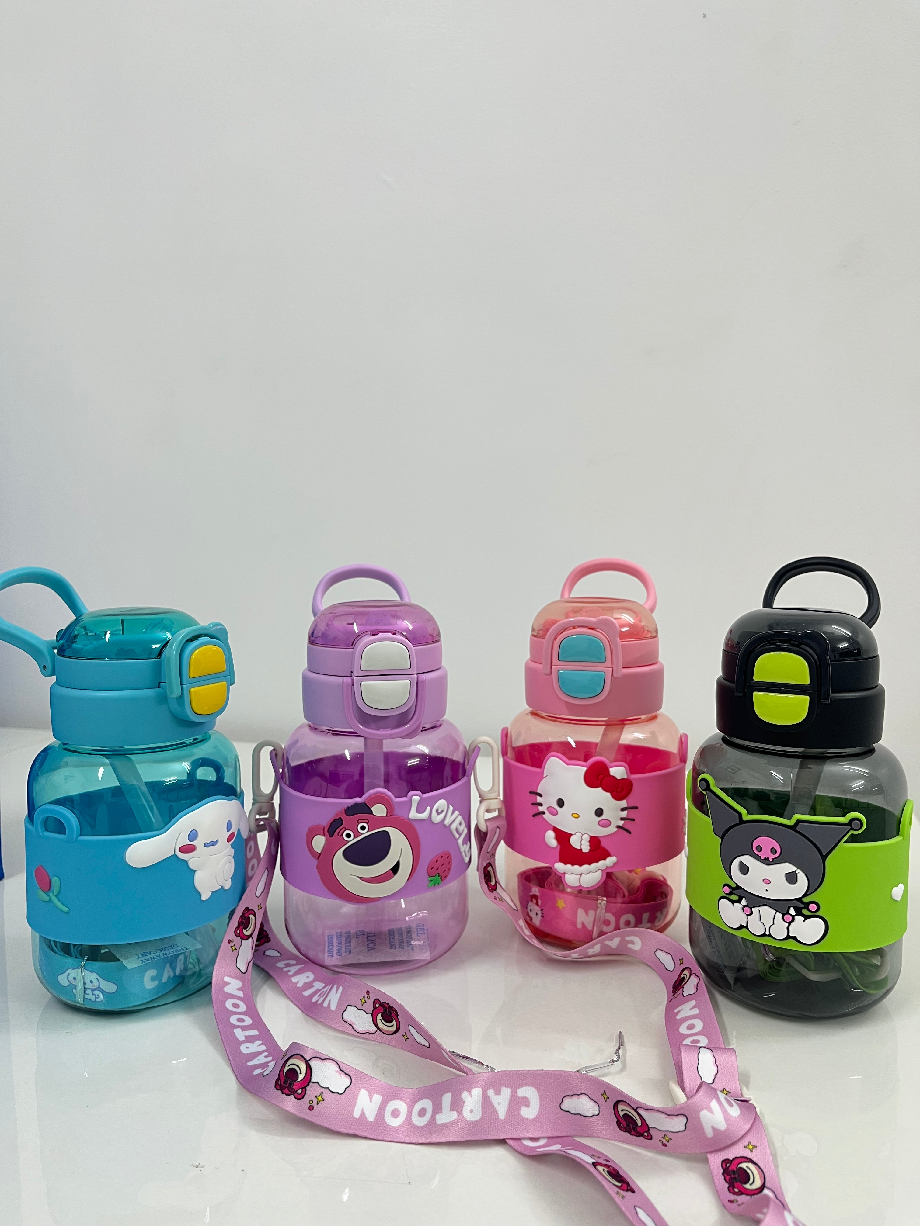 Cute Sipper Water Bottles with Cartoon Sticker – BPA-Free Bottle with Soft Silicone Straw, Adjustable Strap and Secure Lock – Leakproof Bottle for School,Travel & Picnic