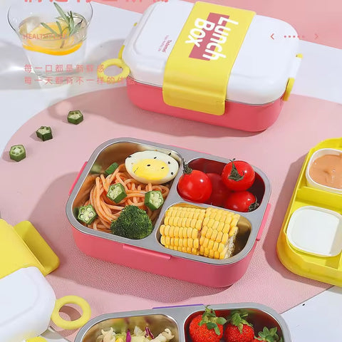 3-Compartment Stainless Steel Lunch Box with Leakproof Lid and Cutlery Set - Portable Food Storage Container for School Office and Picnic Use